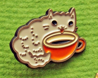 Cat Gifts for Cat Lovers — Cat enamel pin — Coffee lover pin — Hygge Gift — Kawaii Cat Pin — Coffee and cats — Lapel pin — Cat Themed Gifts