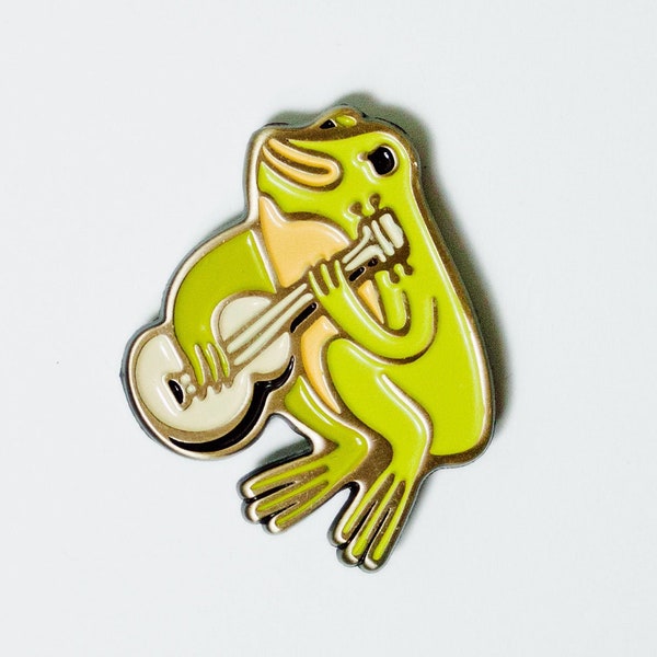 Ukulele Frog Lapel Pin by boygirlparty -- Chartreuse FROG Guitar Enamel Pin -- Cute Frog Gifts -- Bluegrass jewelry -- Ukelele