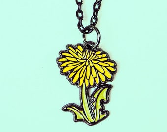 Yellow dandelion necklace — floral flower jewelry -- she is a wildflower necklace -- charm necklace for women