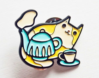 Enamel Pin Cat Tea Lover Pin — Teacup Lapel Pin — Cute Cat Pin — Calico Cat Lover Pin, Cat Tea Party — Tea Cat Gift — Tea Party Favors