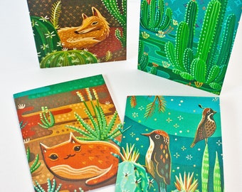 Cactus Note Cards Set – Botanical NoteCards with Envelopes – Blank Cards Variety Pack – Small Note Cards – Desert Animals Greeting Cards Set