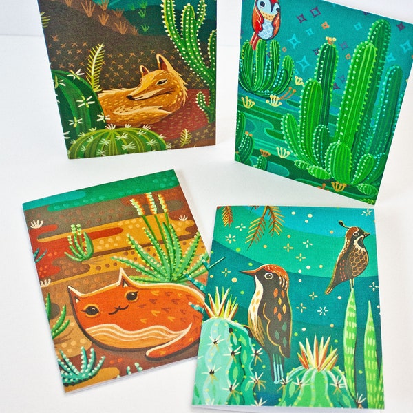 Cactus Note Cards Set – Botanical NoteCards with Envelopes – Blank Cards Variety Pack – Small Note Cards – Desert Animals Greeting Cards Set