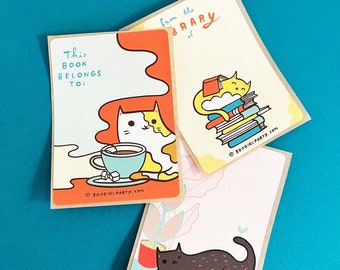 Ex-libris animaux — cadeau pour bibliothèque — autocollants pour bibliothèque pour enfants — étiquettes de livres pour enfants — ensemble d'ex-libris chats — cadeau lecteur de bibliothèque personnel — cadeau kawaii