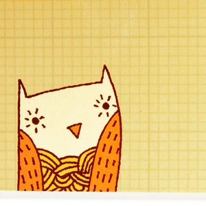 May include: A yellow notepad with a grid pattern features a cartoon owl with orange and yellow feathers. The notepad has the text "© BOYGIRLPARTY.com" in the bottom right corner.