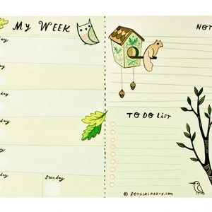 May include: A weekly planner with a green and brown color scheme. The planner has a section for each day of the week, a to-do list, and a notes section. The planner is decorated with illustrations of an owl, a squirrel, a birdhouse, and a tree.