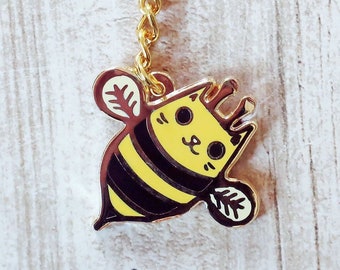 Cute CAT KEYCHAIN -- Cat Bee Keychain -- yellow bumble bee -- honey bee cat keyring -- kawaii cute girly keychain for her -- animal gifts