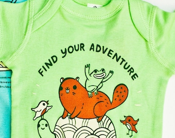 Outdoorsy baby gifts — FIND YOUR ADVENTURE — green baby clothes — gender neutral baby outfit — Unisex baby clothing — Wildlife outdoor theme