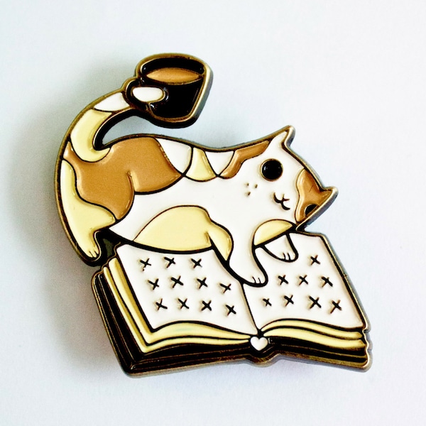 Book Pin Enamel Pin coffee pin - enamel pins - Book Enamel Pin, bookish gifts, book lover, coffee cat book pin, cat coffee pin, teacher gift