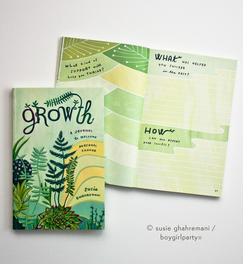 May include: A green and yellow journal with the word "growth" in large, stylized lettering. The cover features a colorful illustration of plants and the text "A journal to welcome personal change". The journal is open to a page with the text "What has helped you succeed in the past?" and "How can you repeat your success?"