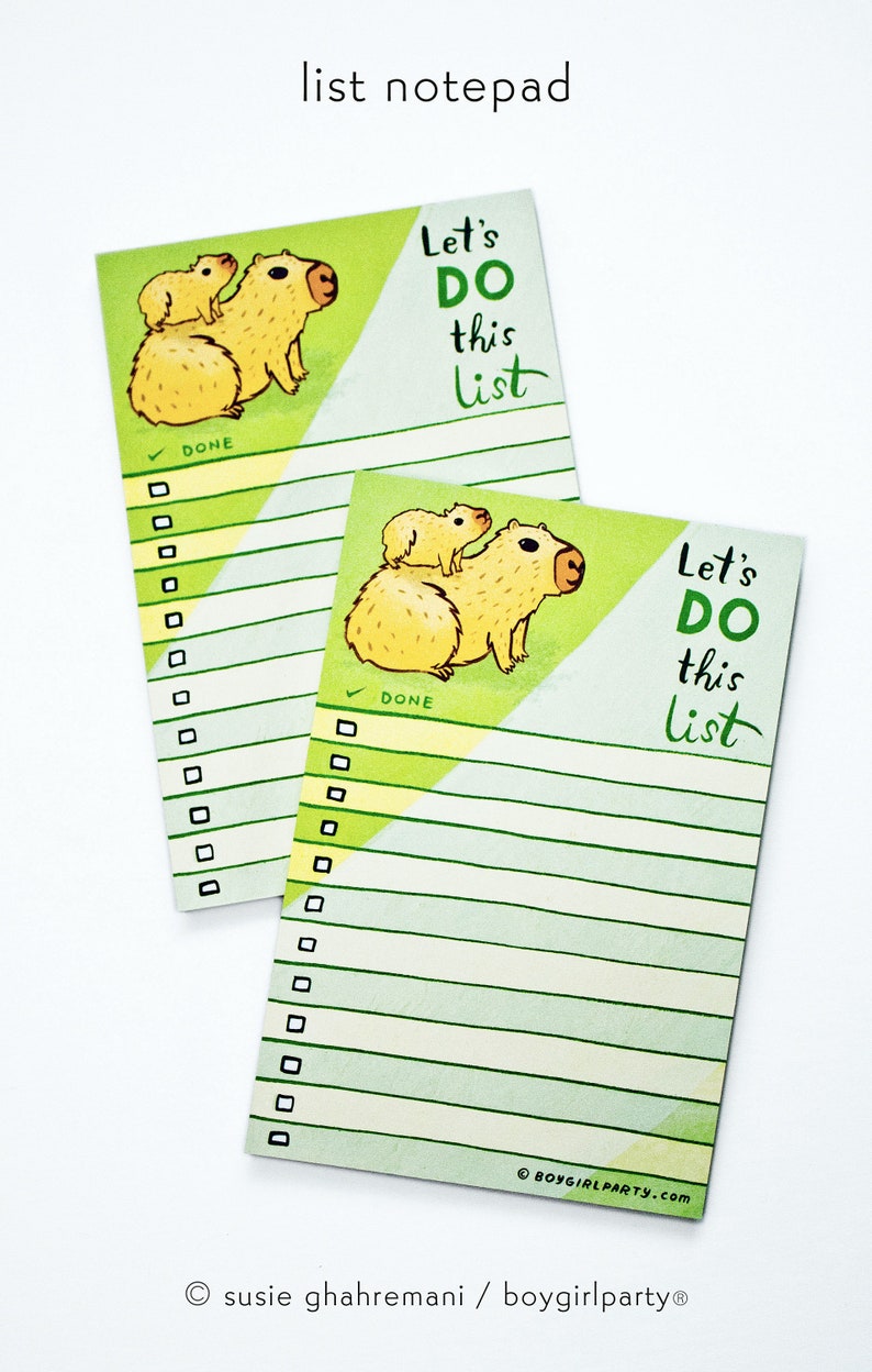 May include: A green and yellow notepad with a capybara illustration and the text "Let's Do This List". The notepad has a check box and lines for writing a to-do list.