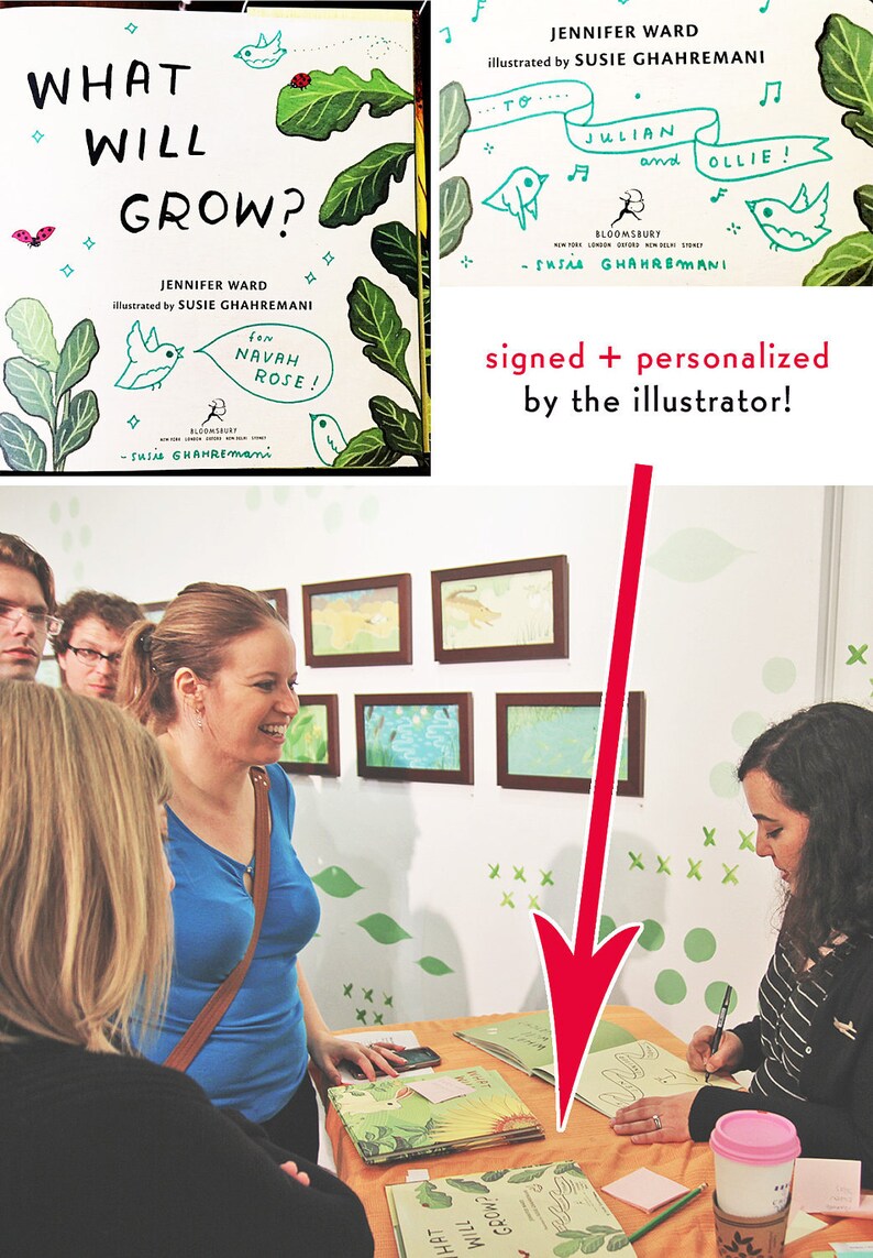 May include: A woman signs a copy of the book "What Will Grow?" for two children named Julian and Ollie. The book cover features a green leafy plant with a red ladybug and a blue bird. The book is signed "To Julian and Ollie!" and "For Navah Rose!"