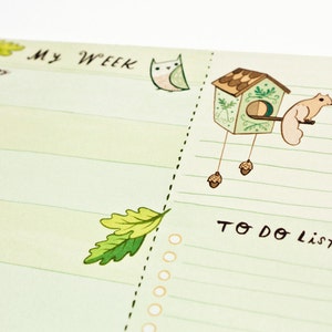 K&ouml;nnte beinhalten: Ein gr&uuml;ner und wei&szlig;er Wochenplaner mit einer To-Do-Liste. Der Planer hat ein verspieltes Design mit Illustrationen einer Eule, eines Eichh&ouml;rnchens und Bl&auml;ttern.