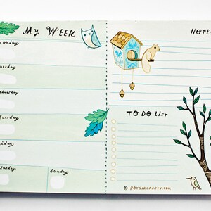 May include: A green and white weekly planner with a to-do list and notes section. The planner has a whimsical design with illustrations of a bird, squirrel, and a tree.