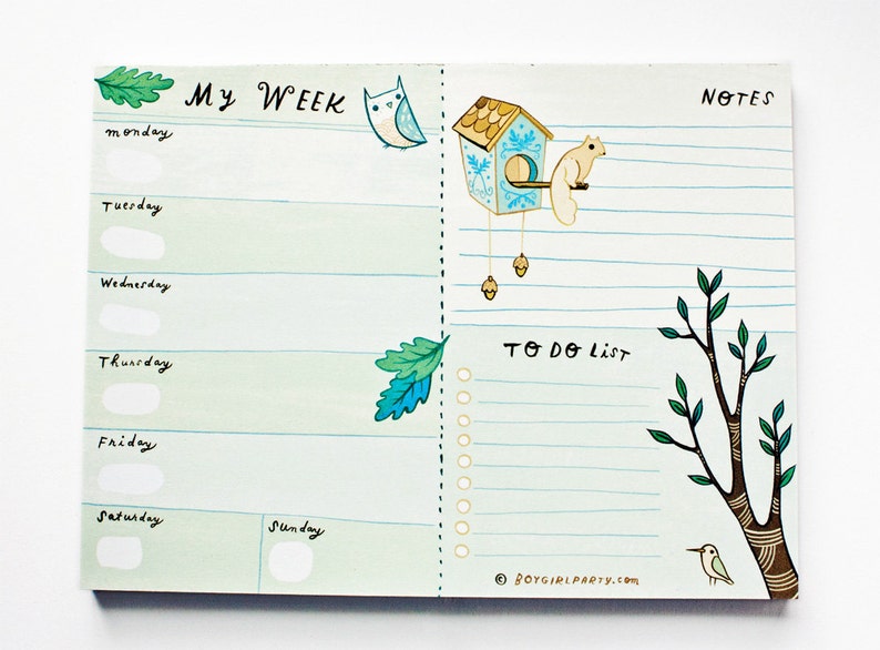 May include: A green and white weekly planner with a to-do list and notes section. The planner has a whimsical design with illustrations of a bird, squirrel, and a tree.