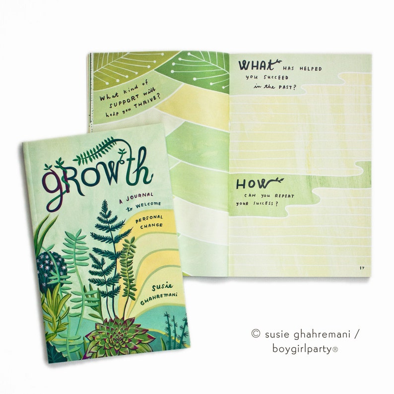 May include: A green and yellow journal with the word "Growth" in a stylized font. The cover features illustrations of plants and the text "A Journal to Welcome Personal Change". The journal is open to a page with the text "What has helped you succeed in the past?" and "How can you repeat your success?"