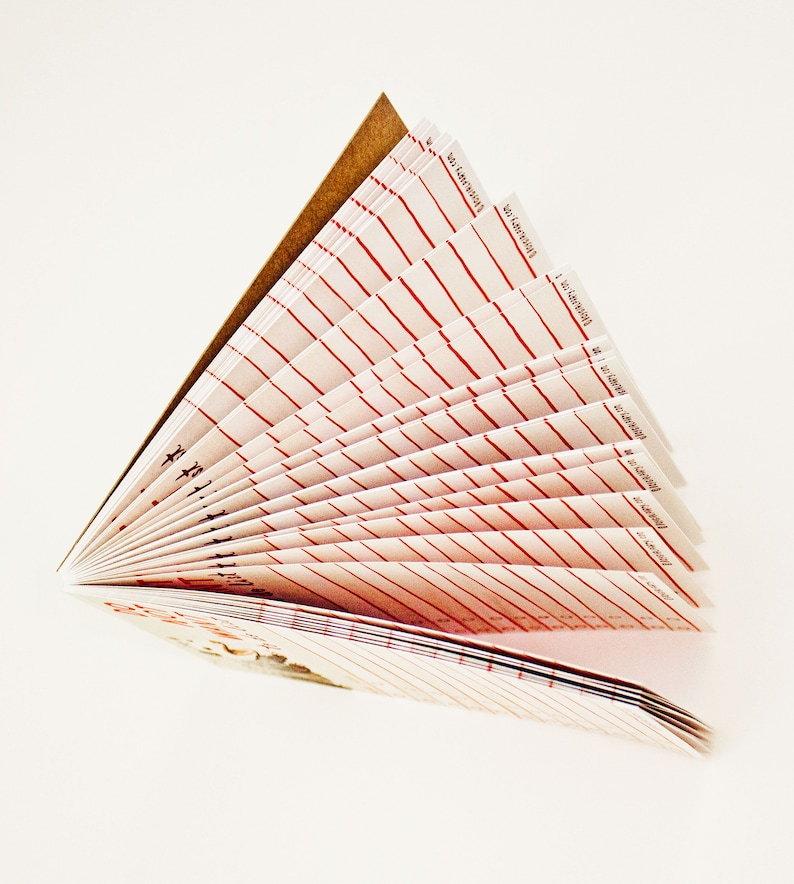 May include: A white notebook with red lines and a brown cover. The notebook is folded in a fan shape, revealing the pages.