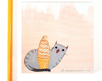 pink cat ICE CREAM stationery - ice cream party favors, ice cream cone ice cream cat soft serve frozen yogurt, cat stationery cat stationary
