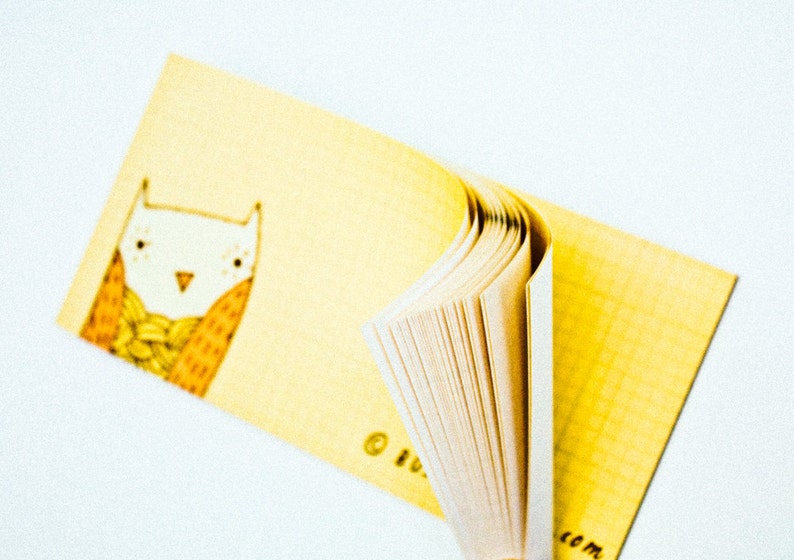 Op de afbeelding: Een geel notitieboekje met een cartoon-uil-illustratie op de voorzijde. Het notitieboekje is open en de pagina's zijn uitwaaierend.