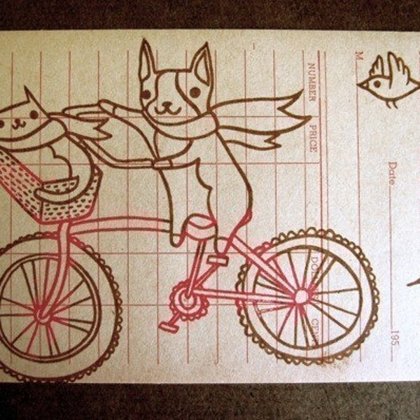 SUNBEAM gocco print, vintage paper, boston terrier, dog, cat and bird art print