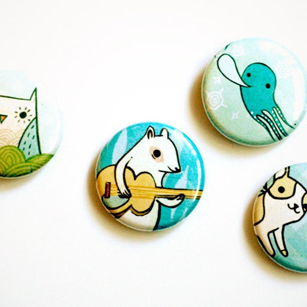 ANIMAL button set by boygirlparty - set of 4 buttons, blue buttons - owl squirrel dog penguin octopus