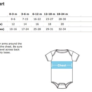 Puede incluir: Tabla de tallas para ropa de beb&eacute;, que muestra las medidas en pulgadas y libras para el peso, el pecho y la longitud. La tabla incluye tallas de 0 a 3 meses a 18 a 24 meses.