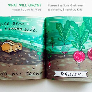 May include: A children's book illustration showing a beige bead-like seed being planted in the ground by a chipmunk. The next page shows a fully grown radish with green leaves and a red bulb.