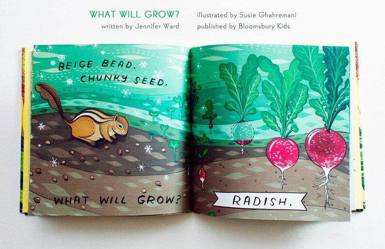 May include: A children's book illustration showing a beige bead-like seed being planted in the ground by a chipmunk. The next page shows a fully grown radish with green leaves and a red bulb.