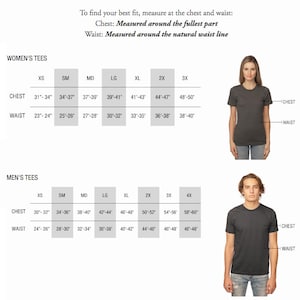 May include: A size chart for t-shirts with measurements in inches for chest and waist. The chart includes sizes from XS to 4X for both men's and women's t-shirts.