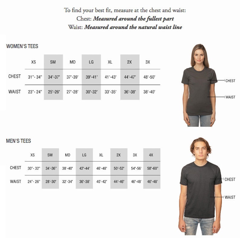 May include: A size chart for t-shirts with measurements in inches for chest and waist. The chart includes sizes from XS to 4X for both men's and women's t-shirts.