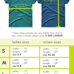 May include: A chart showing t-shirt sizes for both ladies and unisex styles. The chart includes measurements for width and length in inches, as well as corresponding size ranges. The chart is labeled "t-shirt size chart" and "boygirlparty".