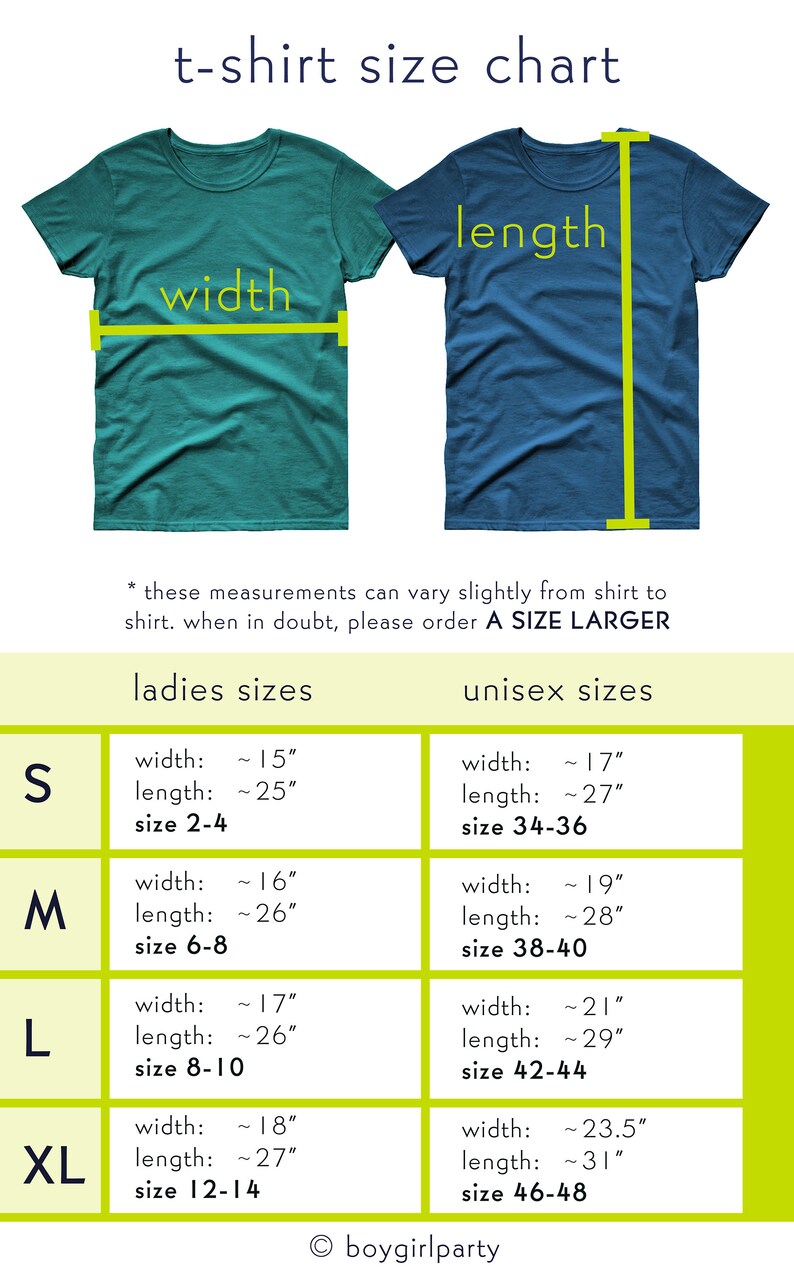 May include: A chart showing t-shirt sizes for both ladies and unisex styles. The chart includes measurements for width and length in inches, as well as corresponding size ranges. The chart is labeled "t-shirt size chart" and "boygirlparty".