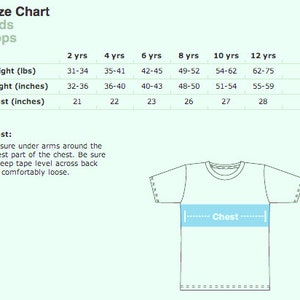 May include: Size chart for kids' tops, showing chest measurements in inches for ages 2 to 12 years. The chart includes weight and height ranges for each age.