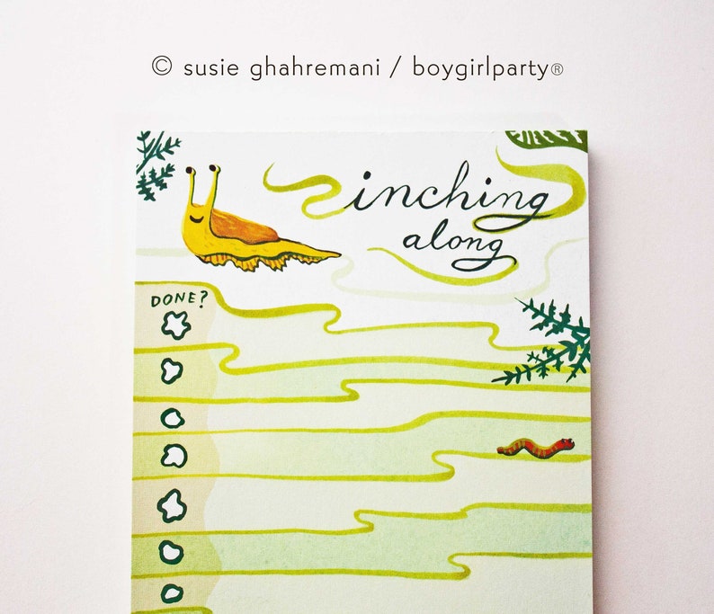 "inching along" slug, snail, and worm to-do list notepad uniquely illustrated by boygirlparty