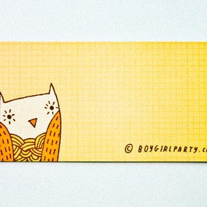 May include: A yellow card with a hand-drawn illustration of an owl with large eyes and a beak. The owl is wearing a brown and orange patterned scarf. The text "© BOYGIRLPARTY.com" is printed in the bottom right corner.