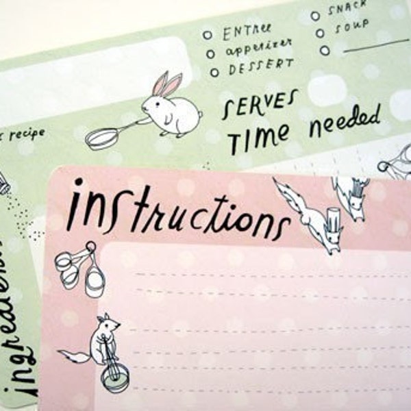 SQUIRREL and BUNNY recipe cards set of ten, with shopping list by boygirlparty, original art illustrations