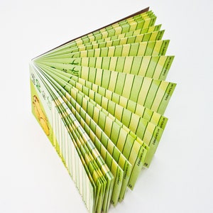 May include: A green and yellow lined notepad with the text "The List" on the cover. The notepad is fanned out to show the lined pages.