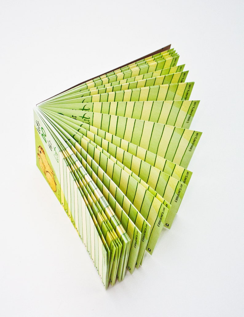 May include: A green and yellow lined notepad with the text "The List" on the cover. The notepad is fanned out to show the lined pages.