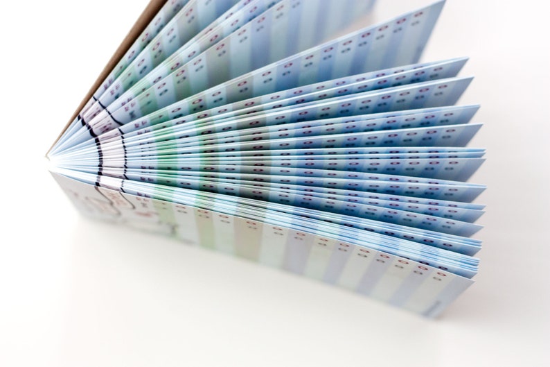 May include: A partially fanned-out booklet with pages displaying a repeating pattern of blue, green, and purple rectangles. The booklet's spine is visible, and the pages are arranged in a fan shape, creating a visual display.