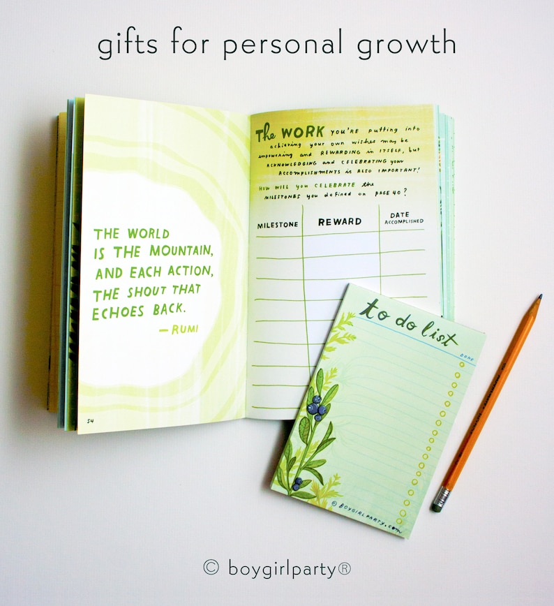 May include: A green and yellow journal with the quote "The world is the mountain, and each action, the shout that echoes back. - Rumi" on the left page. The right page has a table with the headings "Milestone", "Reward", and "Date Accomplished". A green to-do list notepad with a floral design and a yellow pencil are on the right side of the image.