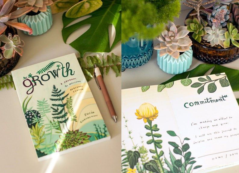 May include: A green journal with the word "Growth" on the cover, surrounded by illustrations of plants. The journal is open to a page with the word "Commitment" and a yellow flower illustration.
