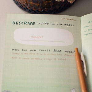 May include: A green journal with the text "DESCRIBE TODAY in ONE WORD: Hopeful" written in black marker. The journal is open to a page with a green background and a brown pen lying on the page. The text "WHY DID YOU CHOOSE that word?" is written in black marker. The text "Today is the first time in a long time where I could somehow a sigh of relief." is written in brown ink. The bottom of the page has a drawing of a flower and grass.