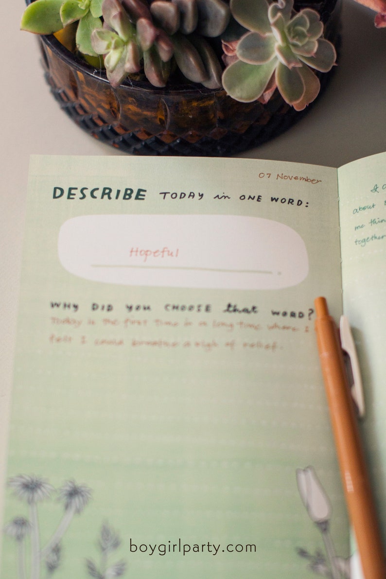 May include: A green journal with the text "DESCRIBE TODAY in ONE WORD: Hopeful" written in black marker. The journal is open to a page with a green background and a brown pen lying on the page. The text "WHY DID YOU CHOOSE that word?" is written in black marker. The text "Today is the first time in a long time where I could somehow a sigh of relief." is written in brown ink. The bottom of the page has a drawing of a flower and grass.