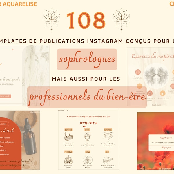 108 Templates de publications Instagram | Sophrologue | Reiki | Energies | Emotions | Bien-être | Personnalisables | Modèles Réseaux sociaux