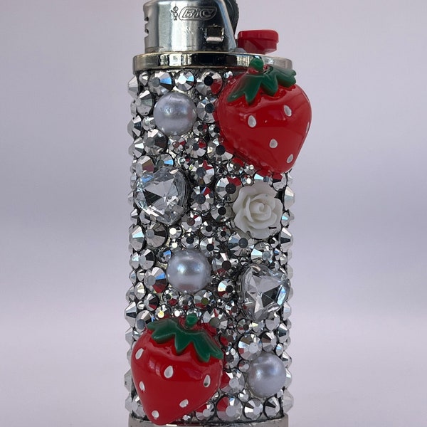 bedazzled lighter case, y2k aesthetic. strawberry bedazzled lighter case