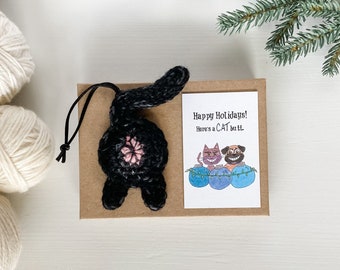 Black Cat Butt Ornament Personalized Happy Holidays Gift with Card