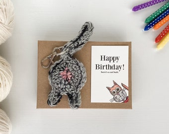 Tabby Cat Butt Long Distance Keychain Personalized 60th Birthday Gift for Women with Birthday Card