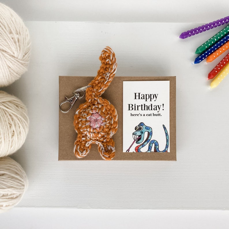 Orange Tabby Cat Butt Keychain Personalized 21st Birthday Gift for Her with Card image 1