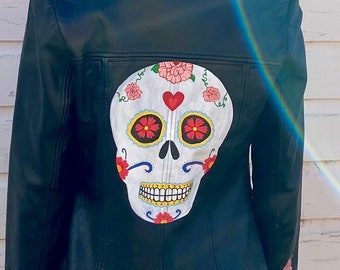 Hand Painted Sugar Skull Upcycled Leather Jacket/ Day of The Dead- Dia de Muertos / Original Wearable Artwork + Flowers / Vintage Coat Sz Sm