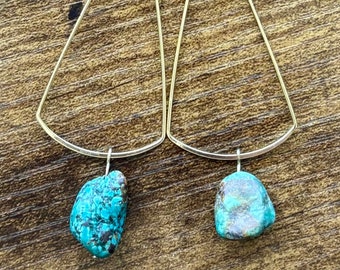Chunky Real Turquoise Hoop Earrings / Great Mother’s Day Gift Idea /Modern Genuine Nugget Jewelry/ Gold Rocker Hoops/ December Birthstone