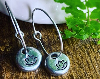 Lotus Flower Hand Stamped on Pewter Droplet Earrings/ Small, Simple, Dangle Hoop Earrings/ Yoga Gift Idea/ Rebirth Charm Jewelry/ No Mud